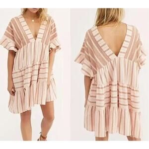 Free People Everyday Living Tunic Dress Pink & Brown Striped Ruffle Hem Size XS